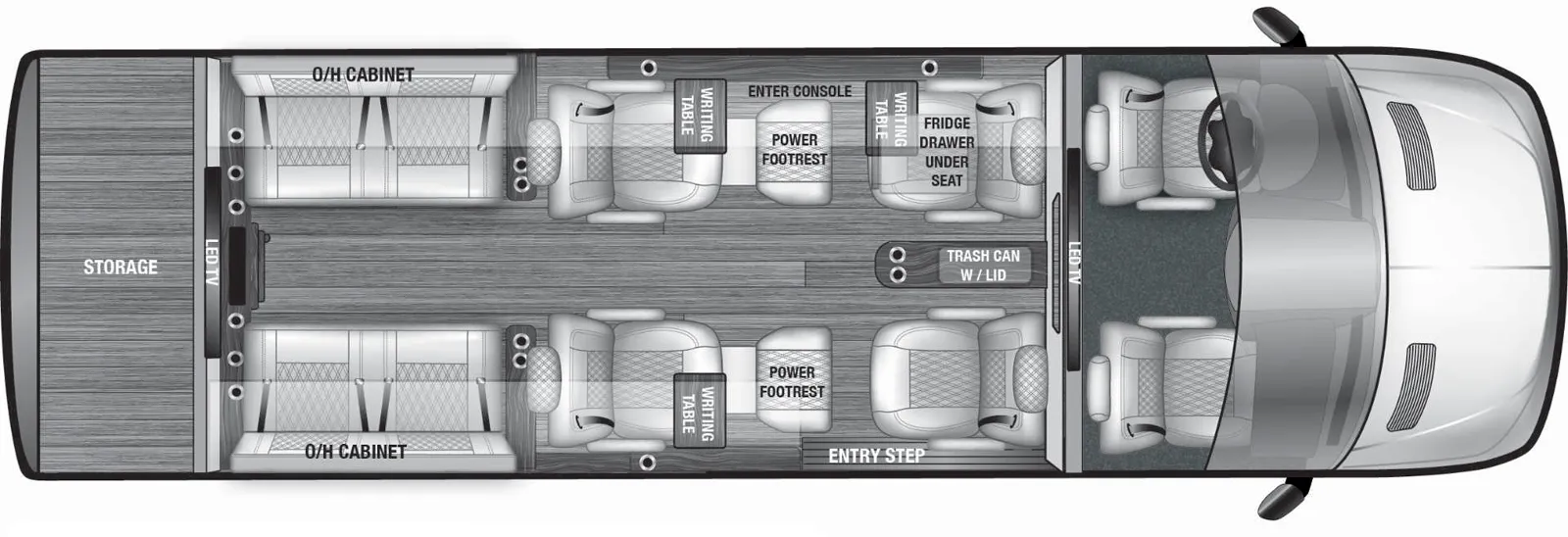 The VDRIVE 10OB floorplan has one entry and zero slide outs. Interiors features include: captain chairs.